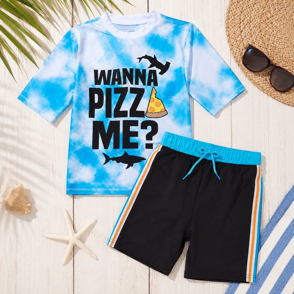 Boys Shark Pizza Rash Guard & Swim Trunks Set XS 4/5 NWT Blue Tie Dye Vacation